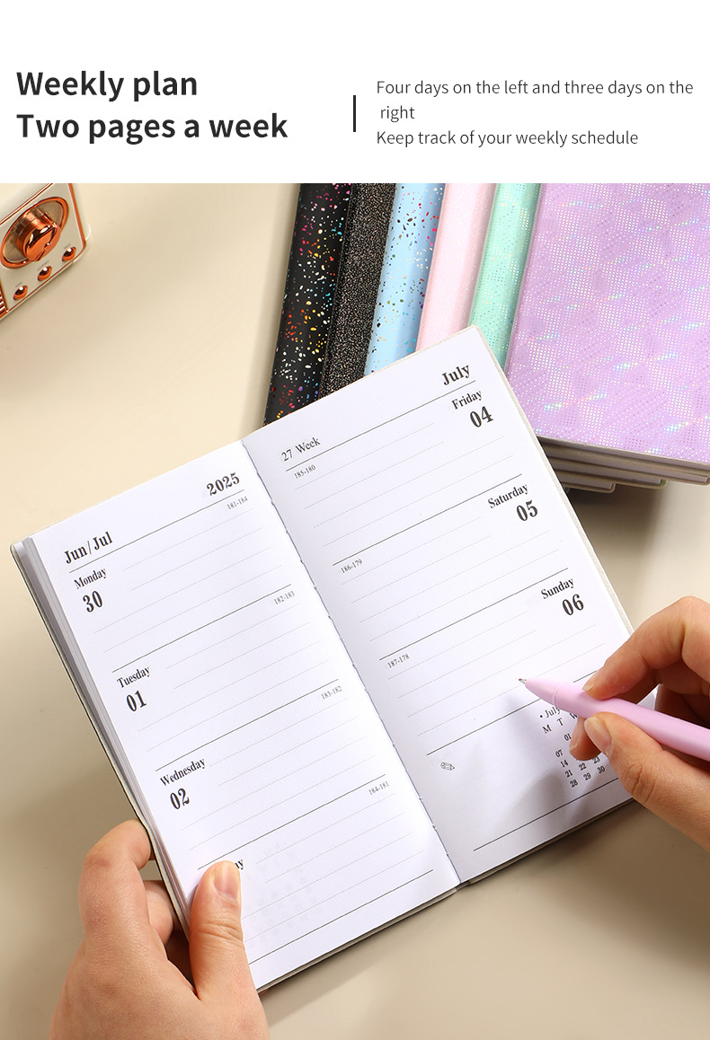 Cross-border laser 2025 a6 English calendar book colorful star color notebook leather thin weekly calendar plan book