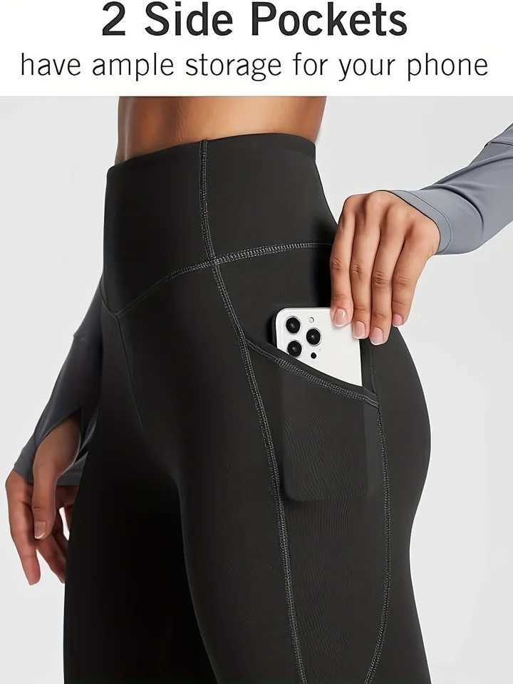 Fleece lined slimming yoga leggings with phone pockets winter warm high waisted sports leggings women s sportswearX240914