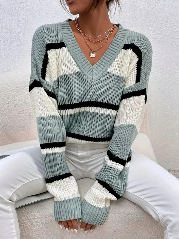 dongdumaoyi Women's pullover sweater autumn and winter new V-neck contrasting splicing loose and fashionable sweater F0914#41
