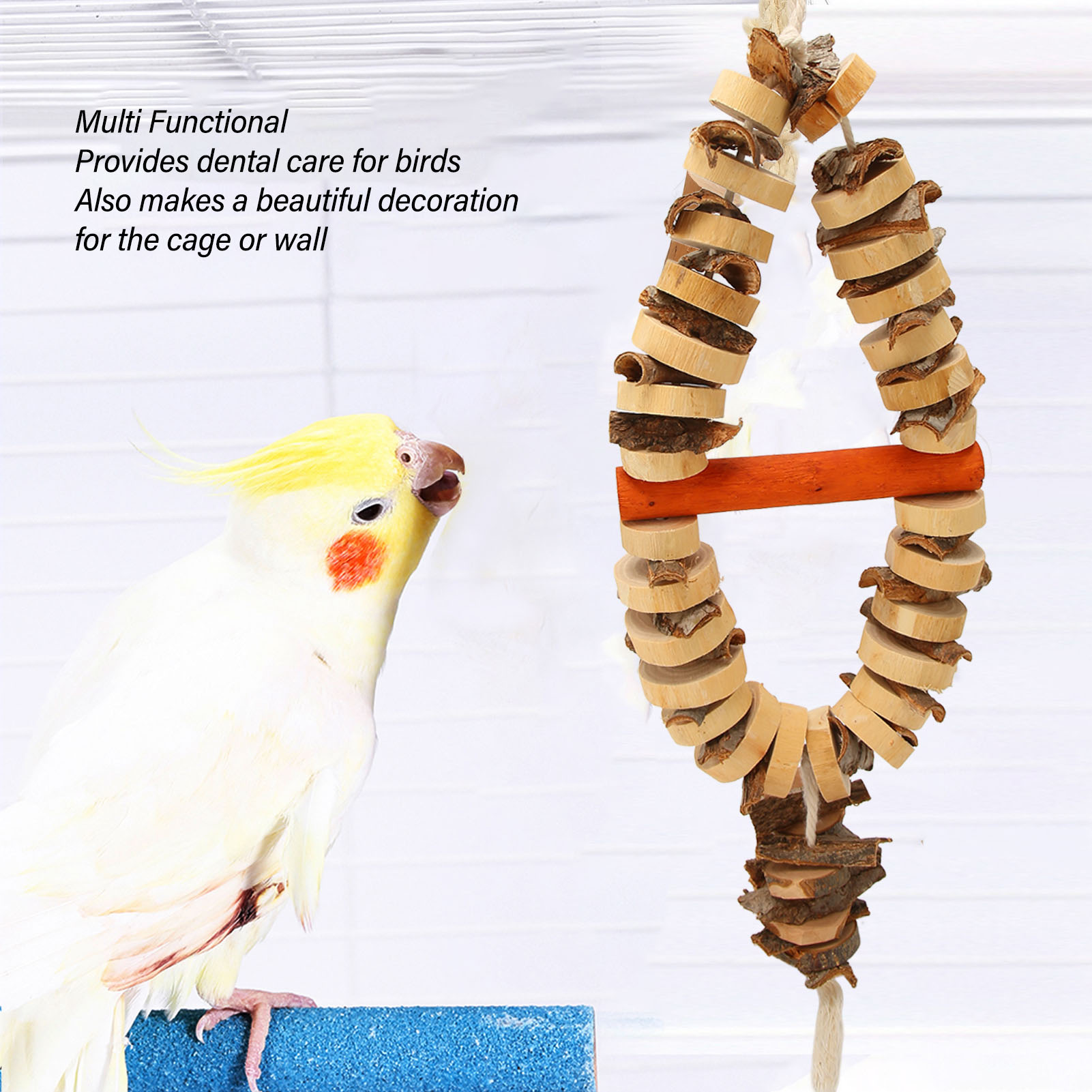 Bird Chewing Toy Beak Grinding Tear Resistant Wooden Bird Cage Toy With Hook For Medium Large Parrots