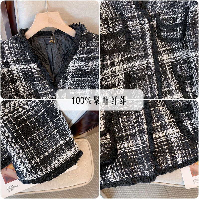 150Kg Plus Size Women's Bust 157 Autumn Winter Loose Small Fragrant Coat Thickened Thousand Bird Checker Top Black