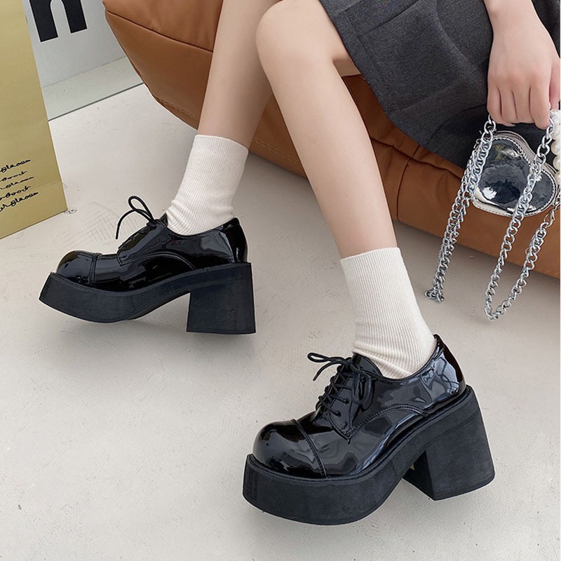 2025 new 2023 Autumn Spring Women's Chunky High Heel Single Black Platform Lace Up Pumps Elegant Round Toe Mary Jane Loafers Shoes 5cac 987f