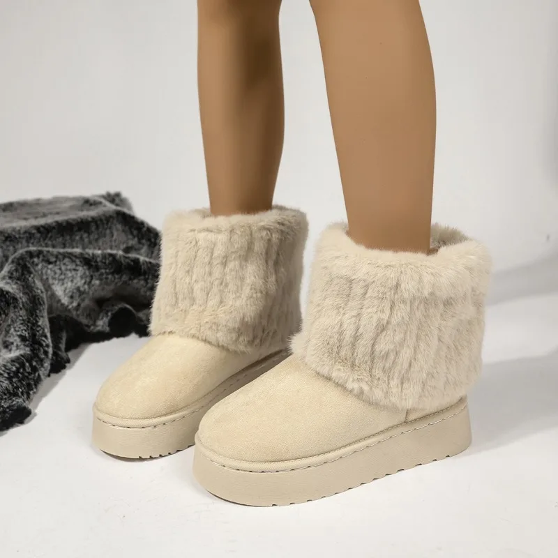 Shoes for Winter Slip on Women's Black Round Toe Solid ck Plush Warm Mid Heel Water Proof Casual Snow Boots Women a145