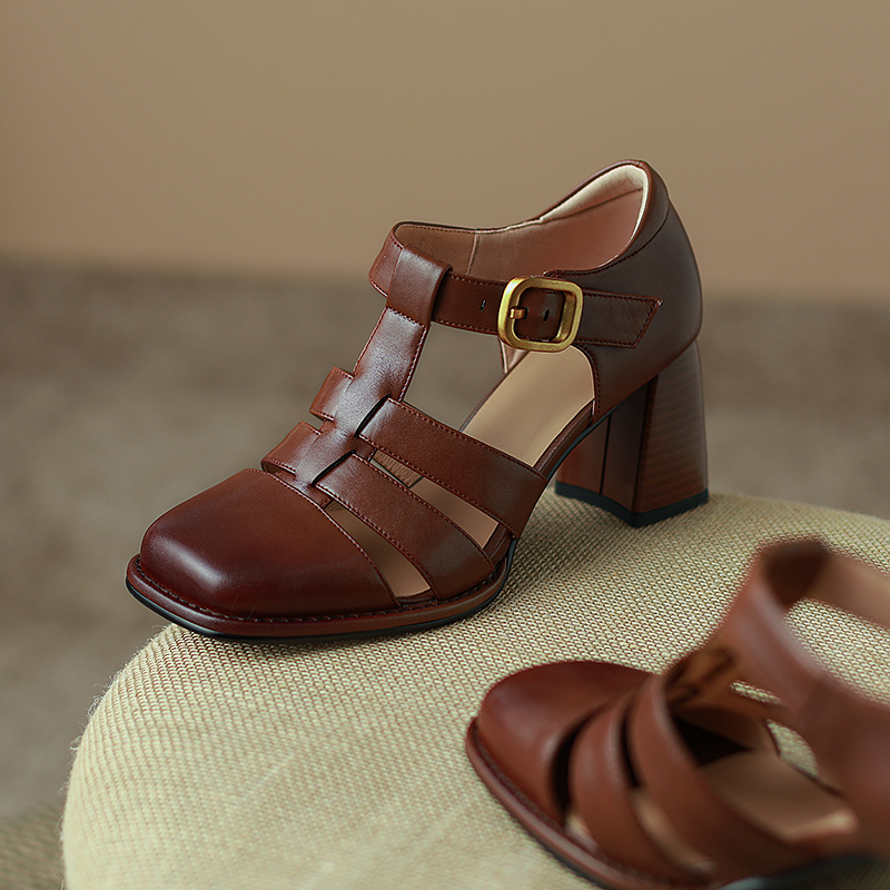 Vintage Closed Toe Thick Sole Sandals Women Breathable Summer Cut-out Shoes Female New Fashion Woman Gladiator High heels
