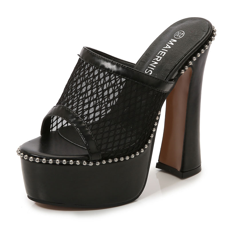 New Mesh Design Rivet Slippers Women Open Toe Slide Shoes Custom Platform Slippers High Heels Sandals Big Size 44 45 46 WSH5036