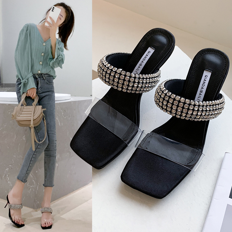sexy ladies rhinestone high heels slide shoes woman open toe narrow band transparent sandals women thin heel crystal slippers