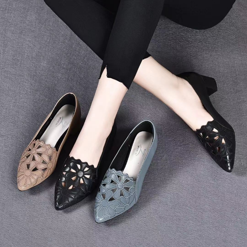 Spring New Flowers Hollow Sandals Women Retro Pointed Toe Chunky High Heels Breathable Fashion Ladies Shoes Zapatillas Mujer