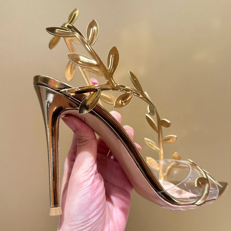 Gold High Heels Women 2024 Summer New Metal Patent Leather Leaf Thin Heel Pointed Open Toe Sandals