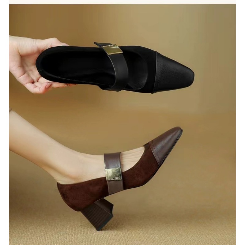 Women Nature Suede High Thick Heels New 2024 Spring Black Apricot Square Toe Pumps Elegant Lady Metal Decoration Shoes