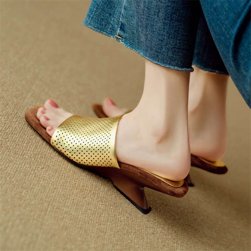 New Split Leather Summer Sandals Square Toe Slippers for Women Fashion Hollow Out Slippers Shoes Concise Silvery Ladies Shoes