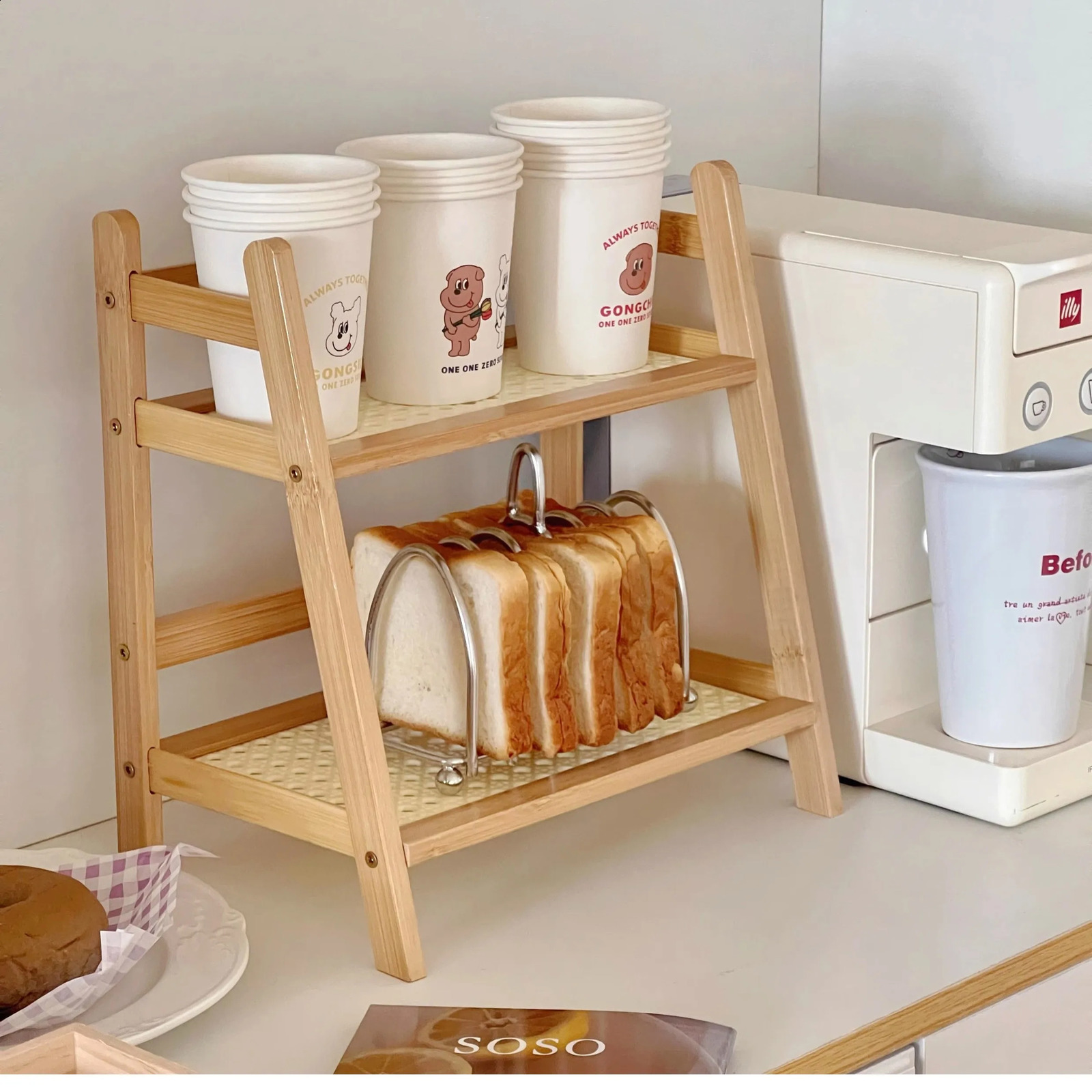 Wooden Storage Shelf for Kitchen Rattan Desktop Organizer Display Rack Spice Rack for Countertop Makeup Organizer for vanity 240910
