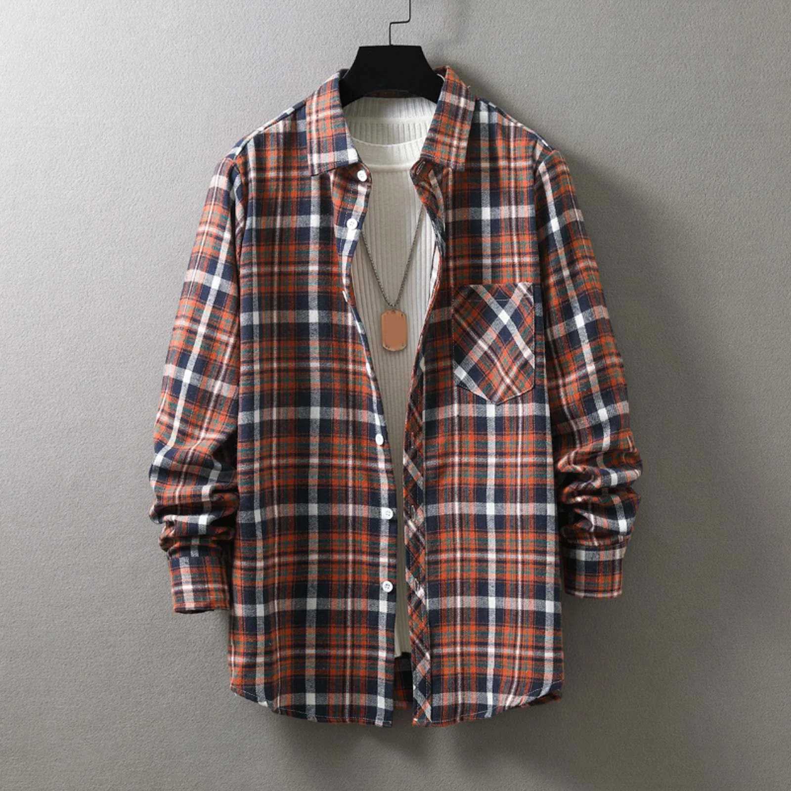 Men Fashion Plaid Flannel Shirt Long Sleeve Male Pocket Buffalo Plaid Shirts Printed Button Harajuku Checked Men Shirt XXL Z240914