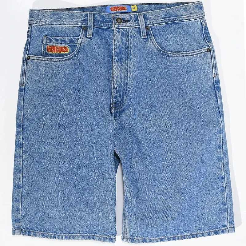 New Dark Blue Denim Skateboard Shorts Cartoon Design Relaxed Casual Jeans Wide-leg Pants Hip-hop Street Shorts For men and womenX240914