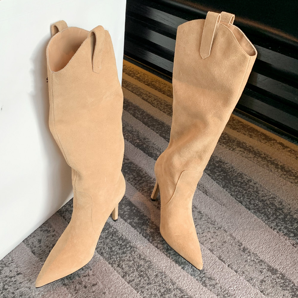Elegant ladies thin high heel pointed toe slip-on autumn knee high boots natural suede leather female high boots shoes for women