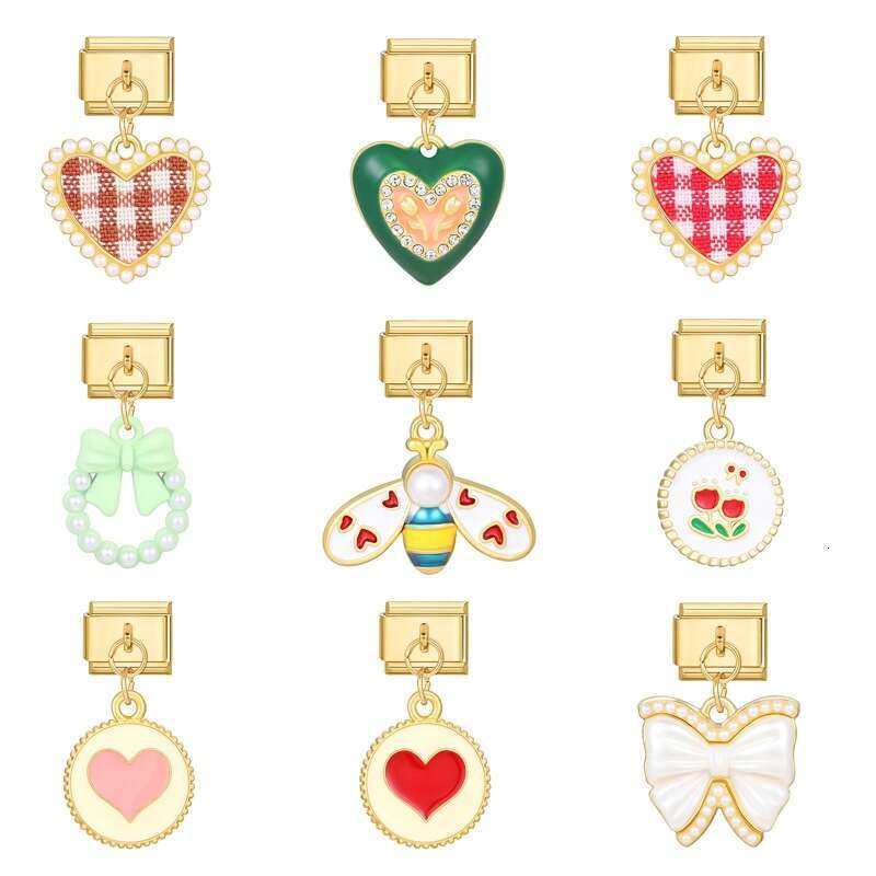 New Women's Gift Gold cute bow heart Pendant Italian Charms Links Bangle Beads Fit 9mm Stainless Steel Bracelet Making DIY For Women Fashion Jewe