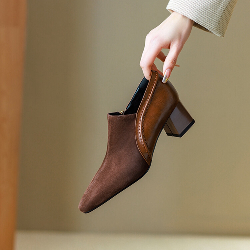 Spring/Autumn NEW Loafers Sheep Suede Leather for Pointed Toe Chunky Heel Soft Shoes Black Zipper New Women Pumps cbf6