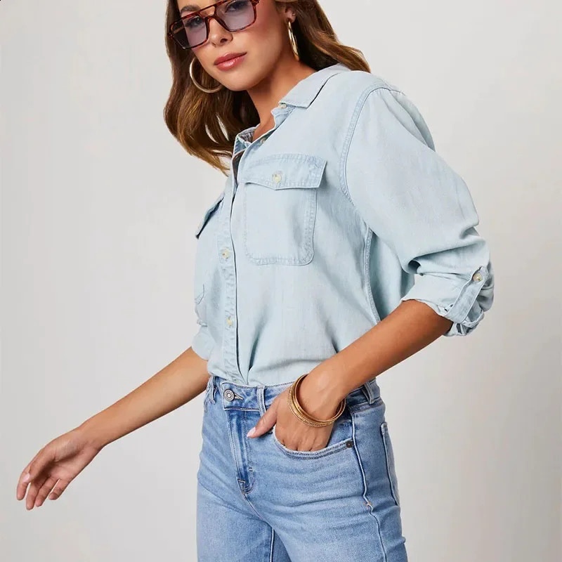 Solid casual loose denim womens shirt autumn retro womens oversized shirt and loose fashionable youth womens top 240914