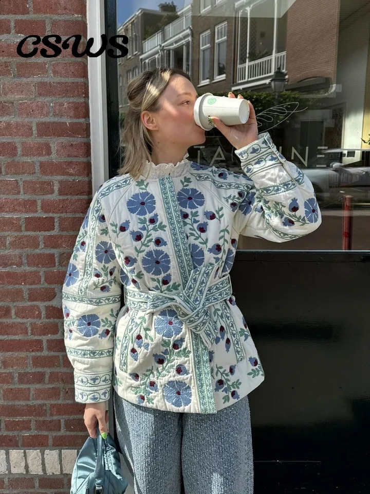 Elegant Print Quilted Belt Women Jacket Slim O-neck Single Breasted Long Lantern Sleeve Coat 2024 Winter Lady Casual Streetwear 240912