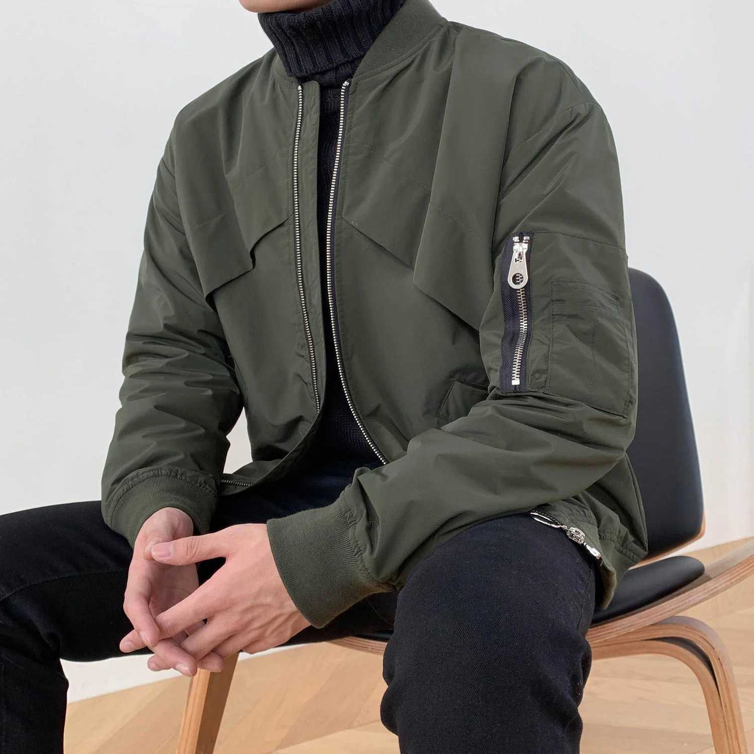 Maden casual mens green military flight bomber tank jacket solid retro jacket single cycle jacket collar mens clothing W240914