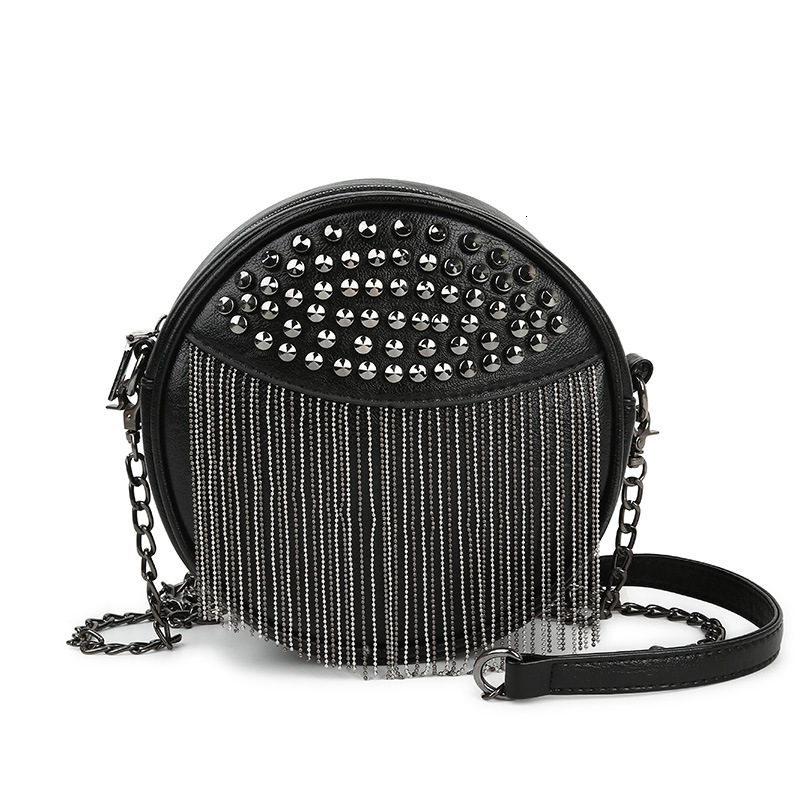Women's bag black small bag New fashion women's bag rivets pu small round bag trend single shoulder hand fringe small bag