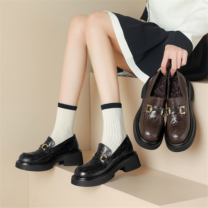 New Autumn Winter Genuine Leather Loafers Woman Shoes Chunky Heel Round Toe Shoes for Women Ladies Shoes Platform Women Pumps