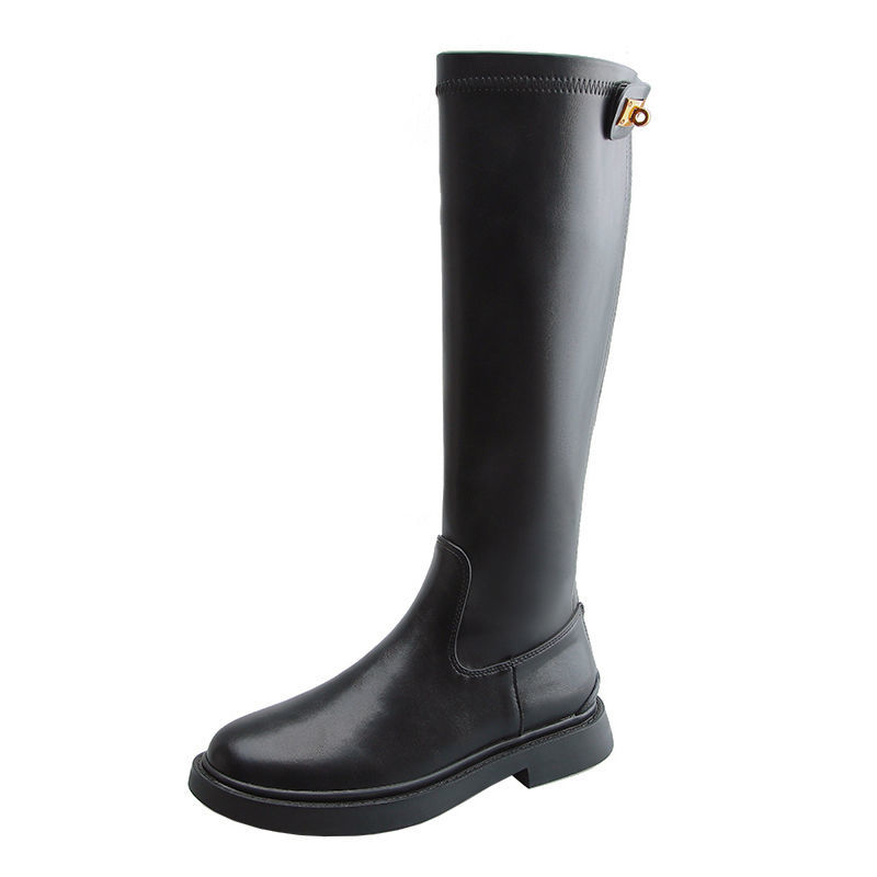 Winter Knee High Shaft Ladies Boots Shoes for Women Elegant with Low Heels Long Black Footwear Leather Round Toe Pu Trend 2024