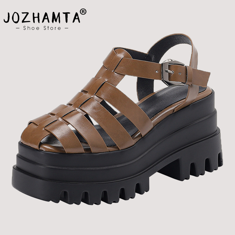 JOZHAMTA Size 35-42 Women Sandals Genuine Leather Rome Buckle Strap Platform Shoes For Women Summer High Heels Elegant Sandalias