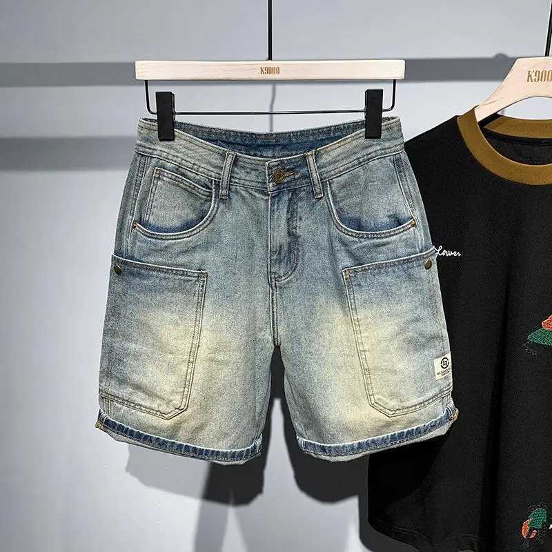 Summer Korean Luxury Clothing Vintage Mens Casual Denim Solid Knee Length Shorts with Vintage Large Pockets Blue Jeans for MenX240914