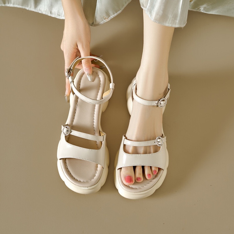 2025 new Summer NEW Round Toe Thick Heel Split Leather for Women Casual Buckle Handmade Shoes Platform Sandals e0b1 Platm
