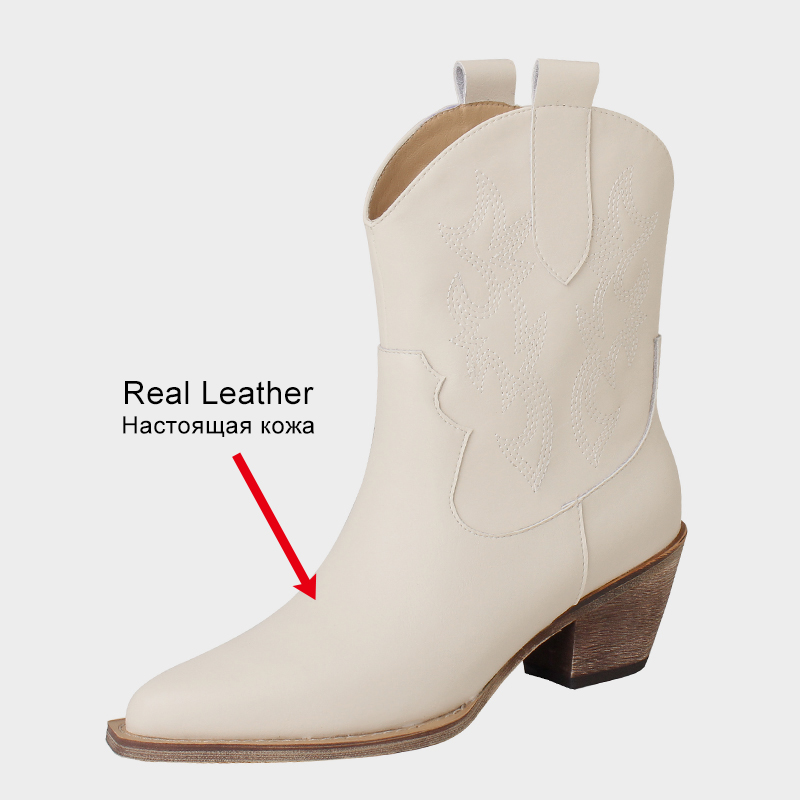 JOZHAMTA Size 34-43 Western Cowboy Boots New Women Genuine Leather Thick High Heels Shoes Winter 2023 Embroidered Cowgirl Ankle Boot
