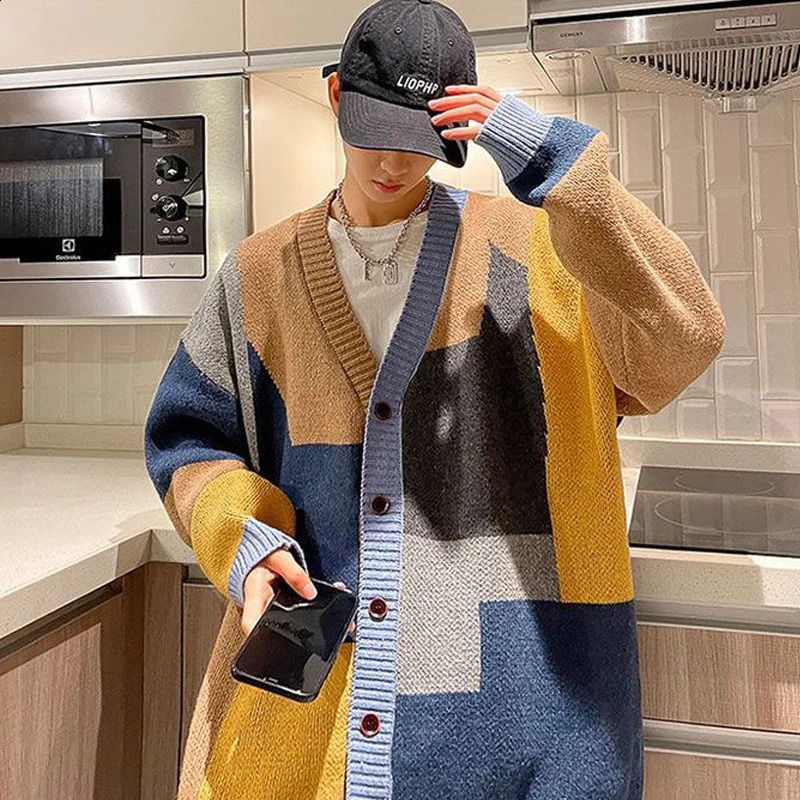 Men Korean Fashion Contrast Color Streetwear Oversize Single Breasted Knitted Cardigan Y2K Youth V Neck Long Sleeve Sweater Coat 240913