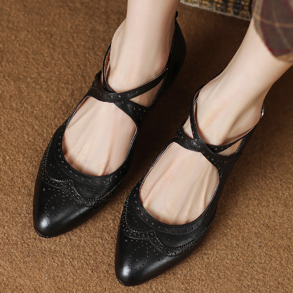 Women's genuine leather thin high heel cross strap carving british style elegant ladies retro daily slim dress pumps shoes