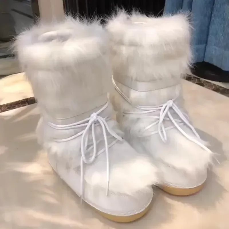 Shoes 2024 New Winter Fur Boots Snow Boots Women Ski Fluffy Hairy Lace Up Middle Calf Platform Flat with White Cotton Boots