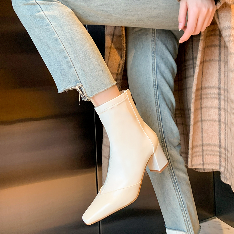 JOZHAMTA Size New 34-39 Women Ankle Real Leather Square Tow High Heels Shoes Woman Winter Fashion Casual Office Elastic Boots