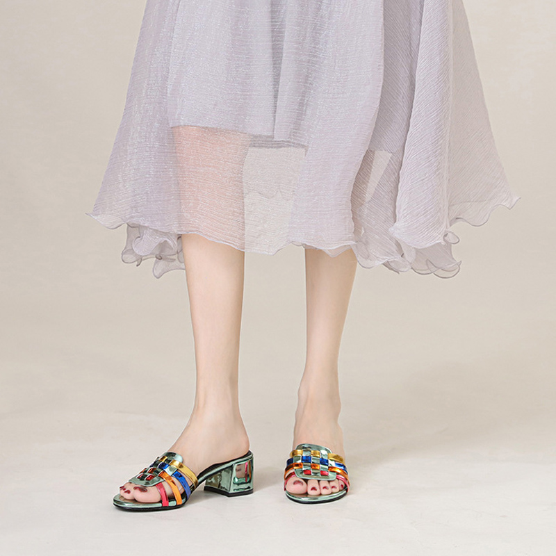 women's thick heels, colorful open toe slippers, fashionable wedding party, one line slippers, outdoor beach casual slippers
