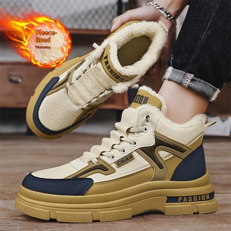 Mid top leather with plush Martin boots for outerwear, warm snow boots, British style men's thick soled cotton shoes