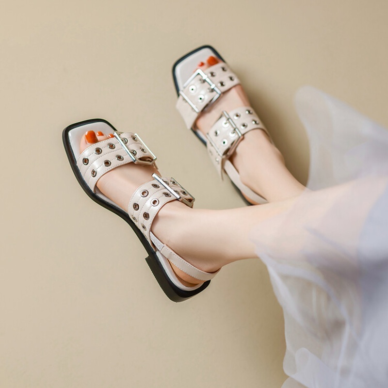 2025 new Summer NEW Split Leather for Women Square Toe Low Heel Casual Metal Belt Buckle Shoes Flat Sandals 99fe