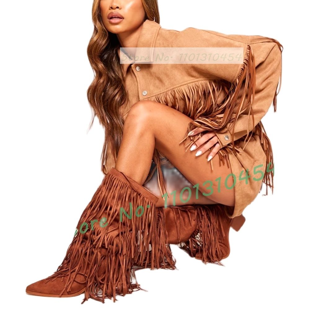 Suede Fringe Western Boots In Tan Women Block Heel Pointy Mid Calf Shoes 2023 New Trending Ladies Work Tassel Couture Boots