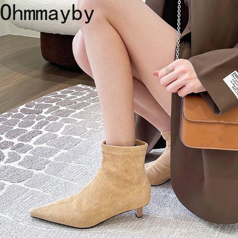 Toe Pointed Women Sock Short Boots Fashion Slip On Slim Ankle Booties High Heel Autumn Winter Ladies Shoes c3e3