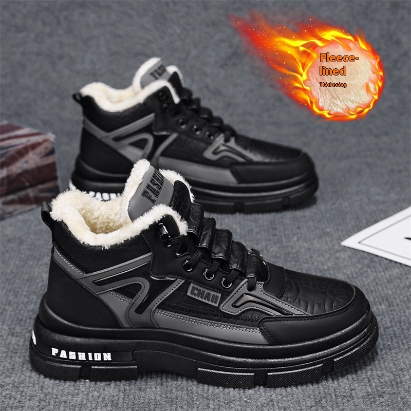 Mid top leather with plush Martin boots for outerwear, warm snow boots, British style men's thick soled cotton shoes