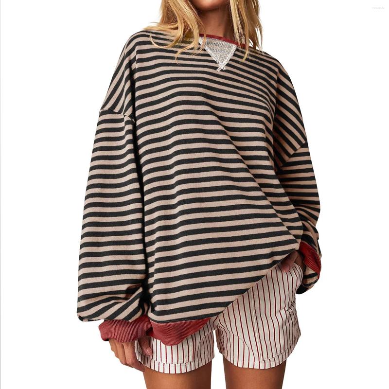 Womens T Shirts 2024 Oversized Striped Color Blocking Long Sleeved Round Neck Sports Shirt Casual Loose Fitting Pullover Top