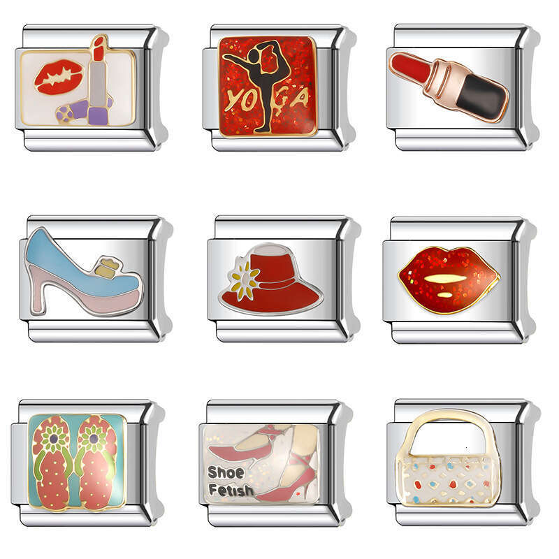 New Women's Gift Beautiful girl lipstick Bag hat Bead Italian Charms Links Bangle Beads Fit 9mm Stainless Steel Bracelet Making DIY For Women Fas