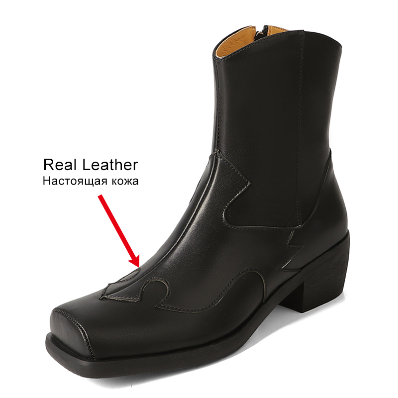 JOZHAMTA Size 34-40 Women Ankle Boots Western Genuine Leather Vintage Thick Heels Shoes Fall Winter Retro 2025 Short Booties