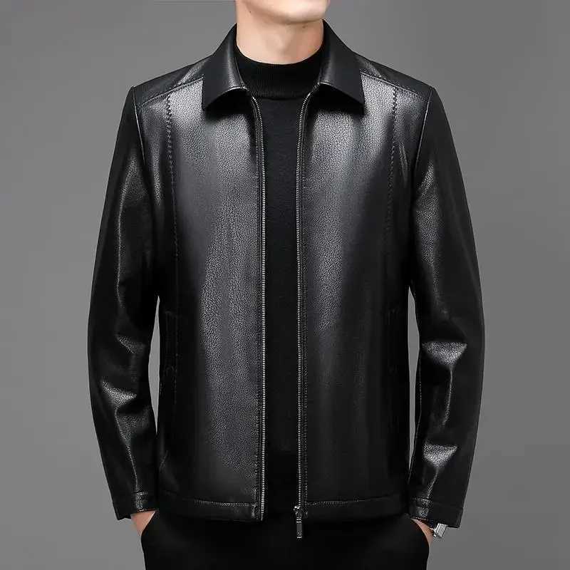 Autumn Mens New Lapel Lychee Patterned Short Slim Fitting Leather Jacket Motorcycle JacketX240913