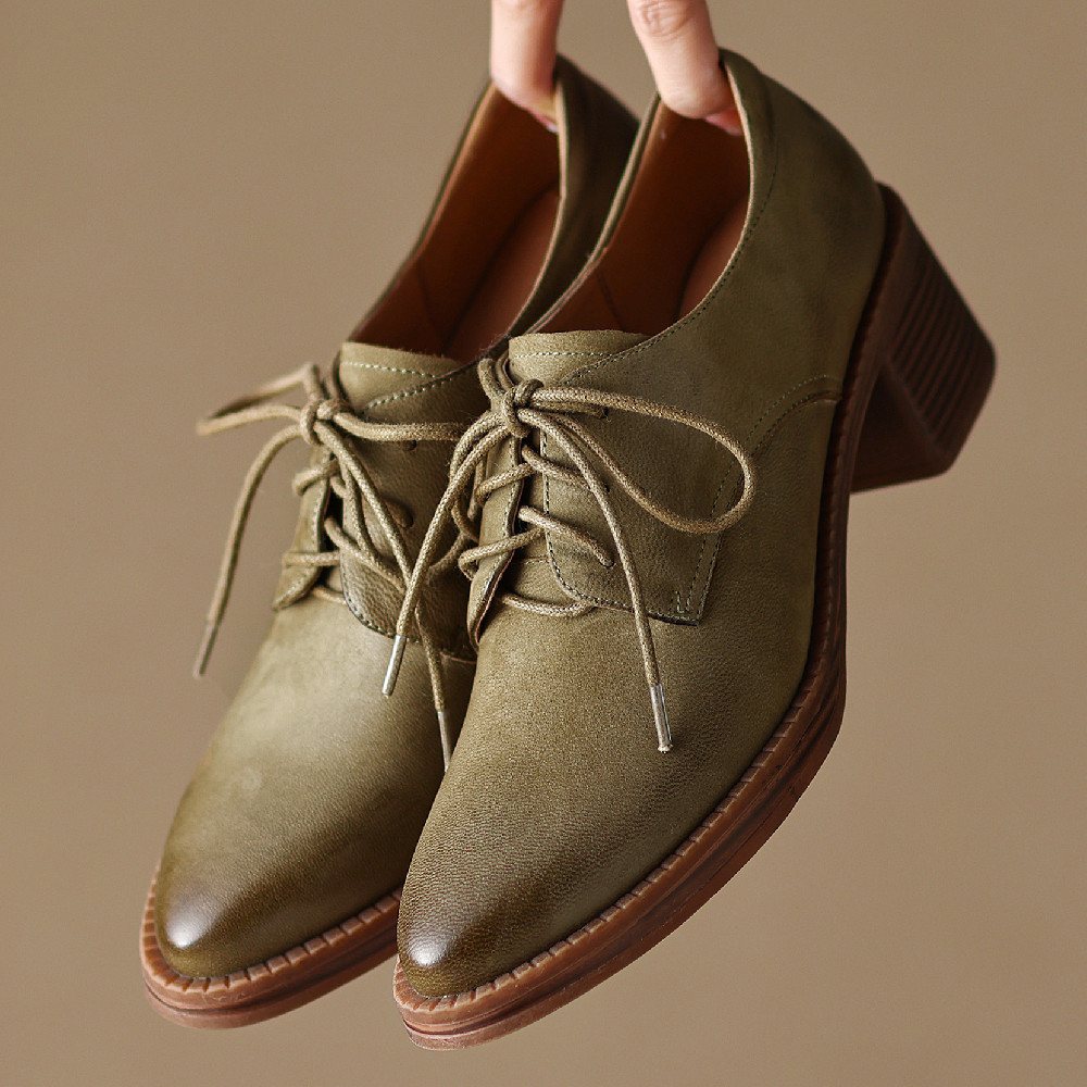 2025 new sheepskin Women's 5.5cm thick heel round toe lace-up oxfords british style female high quality soft comfortable heels shoes 1fc1 s