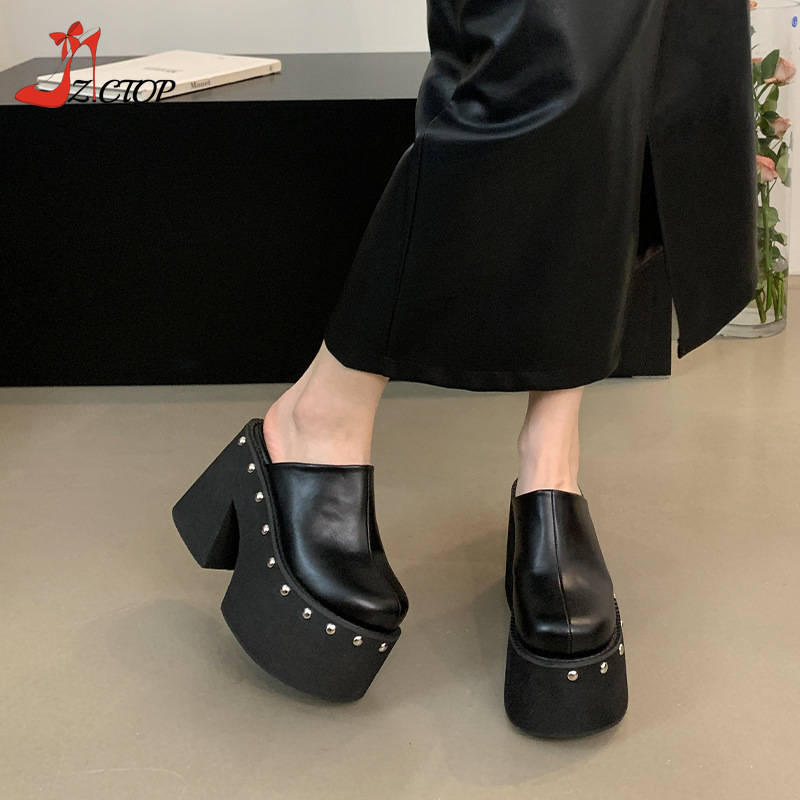 Women's Platform Sandals Black Gothic Closed Toe Chunky High Heels Slippers Rivet Slip On Y2k Punk Shoes Women Summer Size 41 42