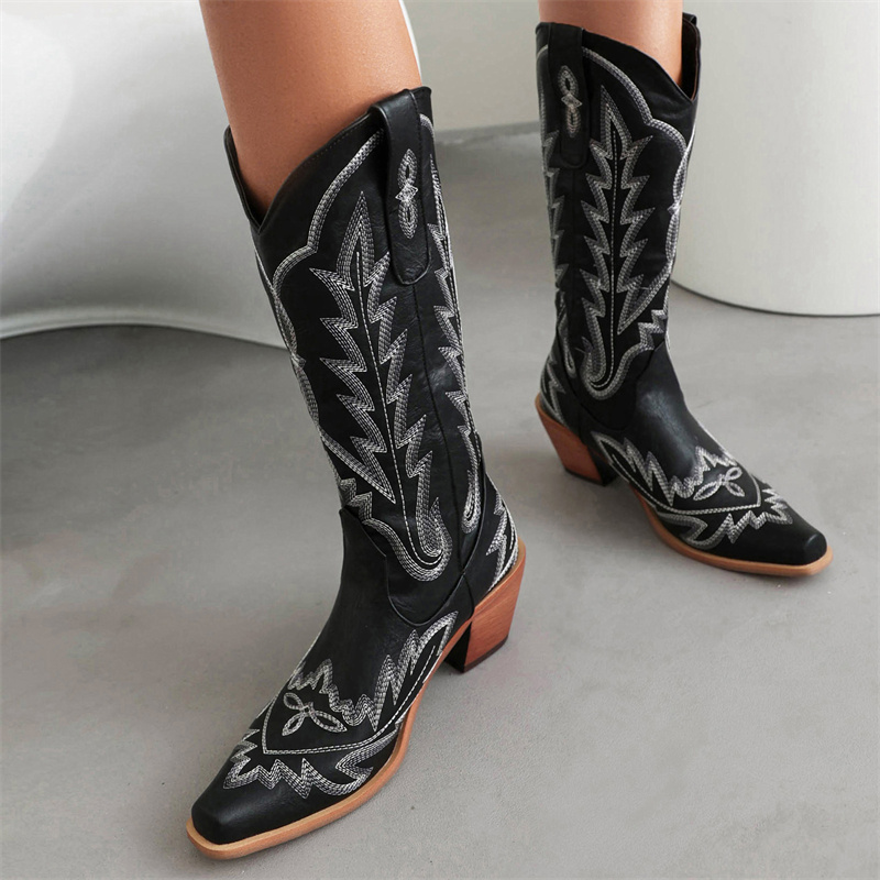 Western Cowboy Cowgirls Boot Casual Embroider Women's High Knee Boots Winter Tall Lady Wedge Heels Footwear Shoes Large Size 45