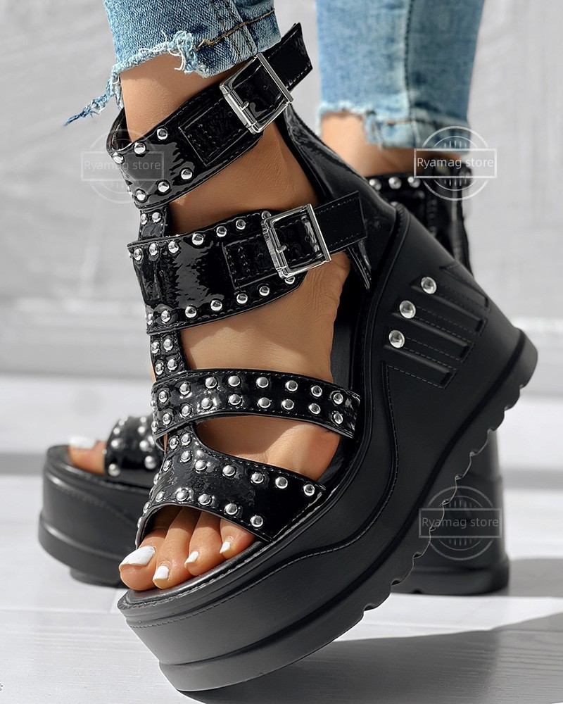 Sandals Women's Studded Buckled Hollow Platform Wedge Ankle Boots Shoes Women's Gladiator Platform High Heels Peep-toe Sandals
