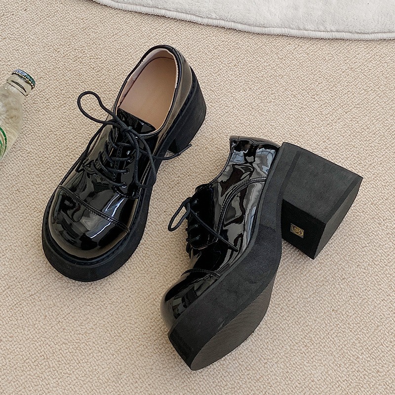 2025 new 2023 Autumn Spring Women's Chunky High Heel Single Black Platform Lace Up Pumps Elegant Round Toe Mary Jane Loafers Shoes 5cac 987f