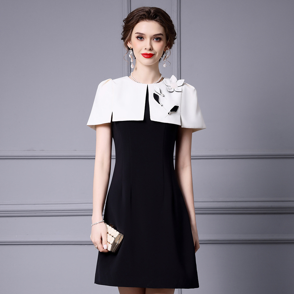 OC 120M68 Women's Casual Dresses Short Sleeved Commuting Dress Autumn Black and White Patchwork Flower High Waist Skirt